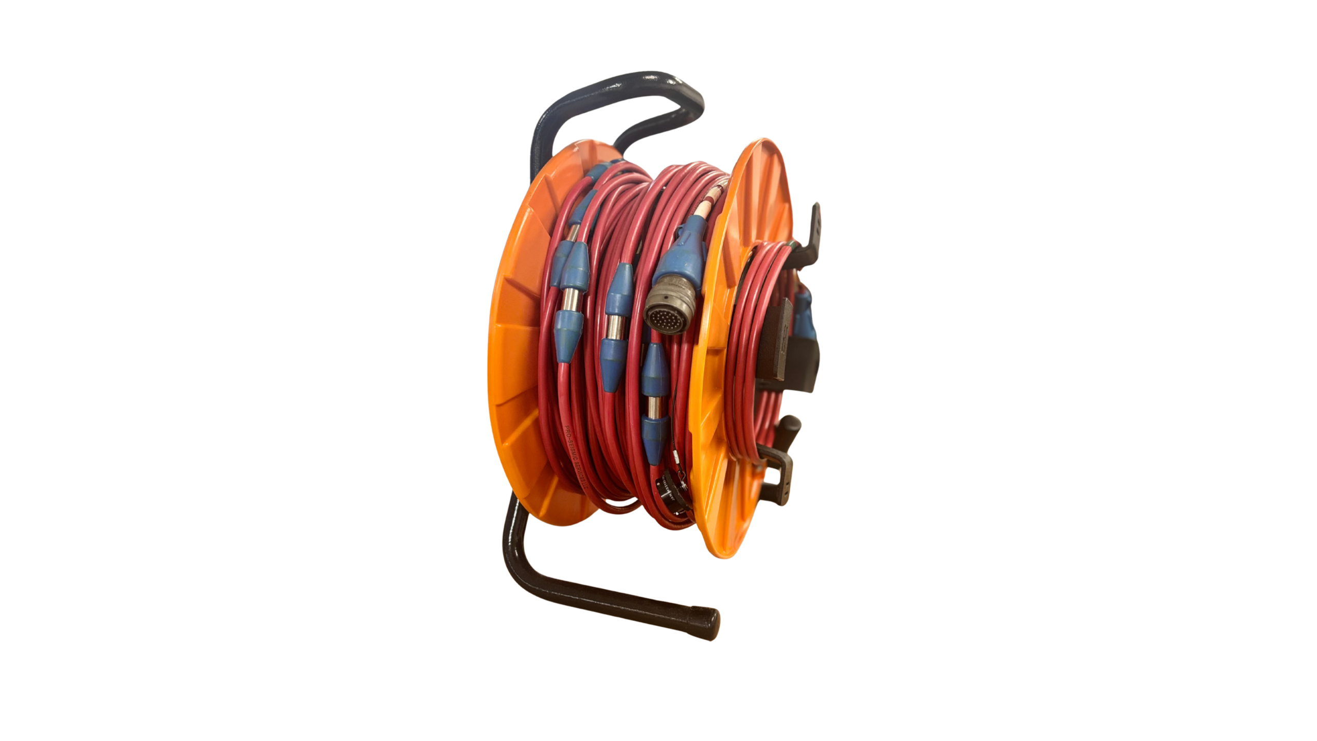resistivity imaging cable with stainless-steel takeouts and molded connectors on orange reel